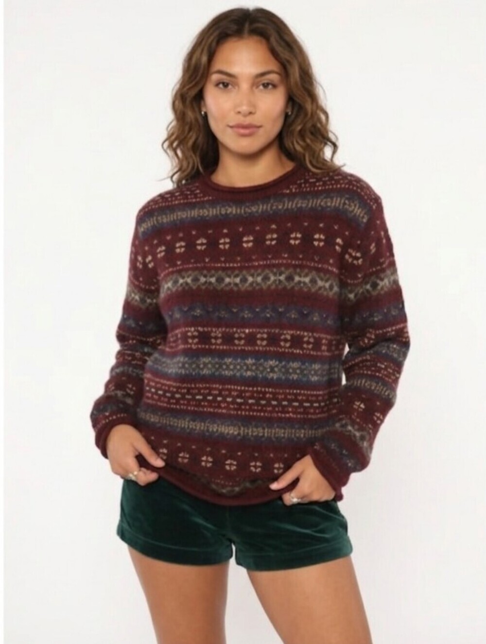 Eddie Bauer Vintage 90 Wool Fair Isle Crewneck Sweater M Burgundy Nordic Pattern